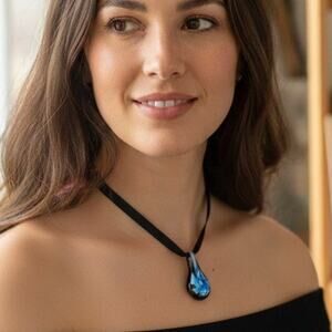 Handmade Upcycled Elegant Black and Blue Teardrop Glass Art Pendant Necklace